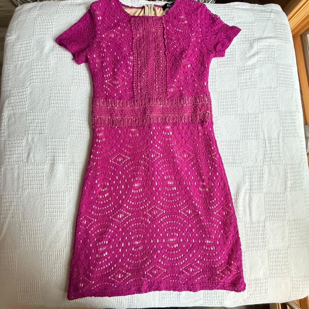 Pink lace dress with circular cut-out pattern and nude color lining. size 8